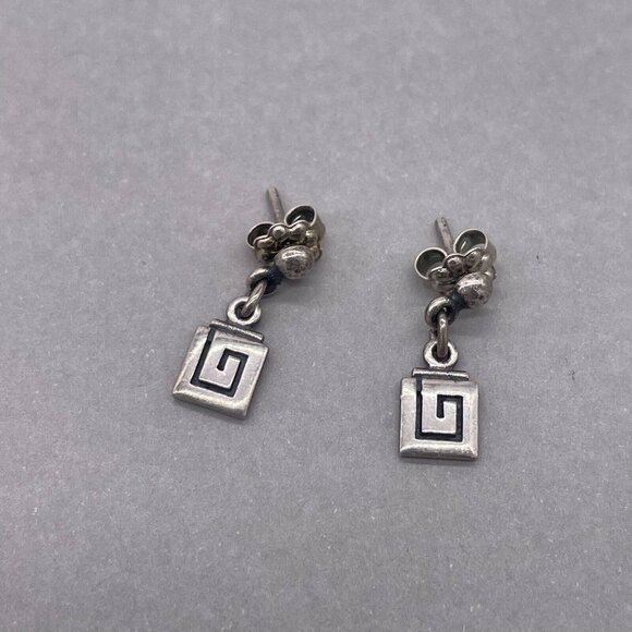 925 Sterling Silver Square Greek Key Dangle Drop Earrings Butterfly Closure - Picture 2 of 5